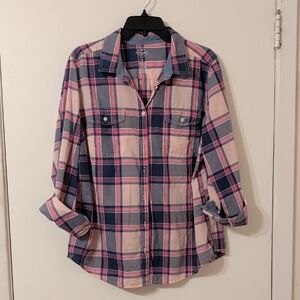 Women's St. John's Bay Pink and Navy Plaid Shirt, Size XL